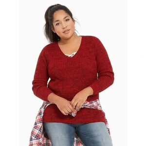 Torrid V-Neck Pullover Sweater 2X Marled Knit Heathered Red Black Long Sleeve